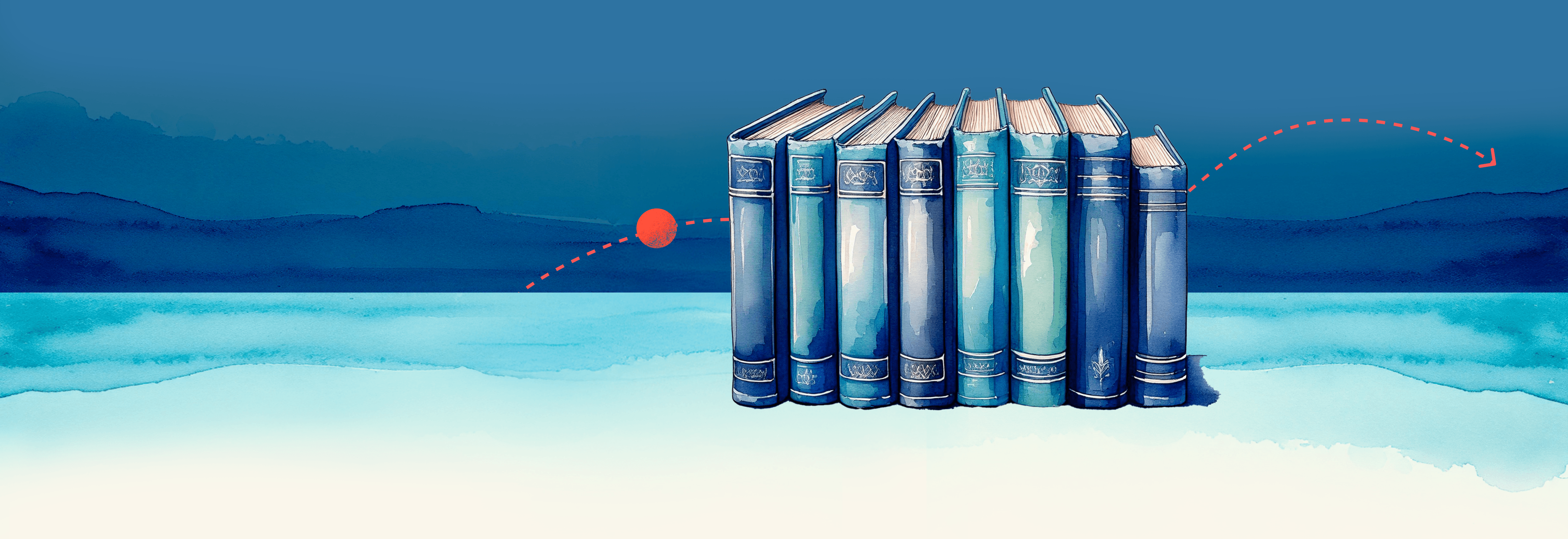 A set of books on a desk and ball mimicking a progress chart behind it.