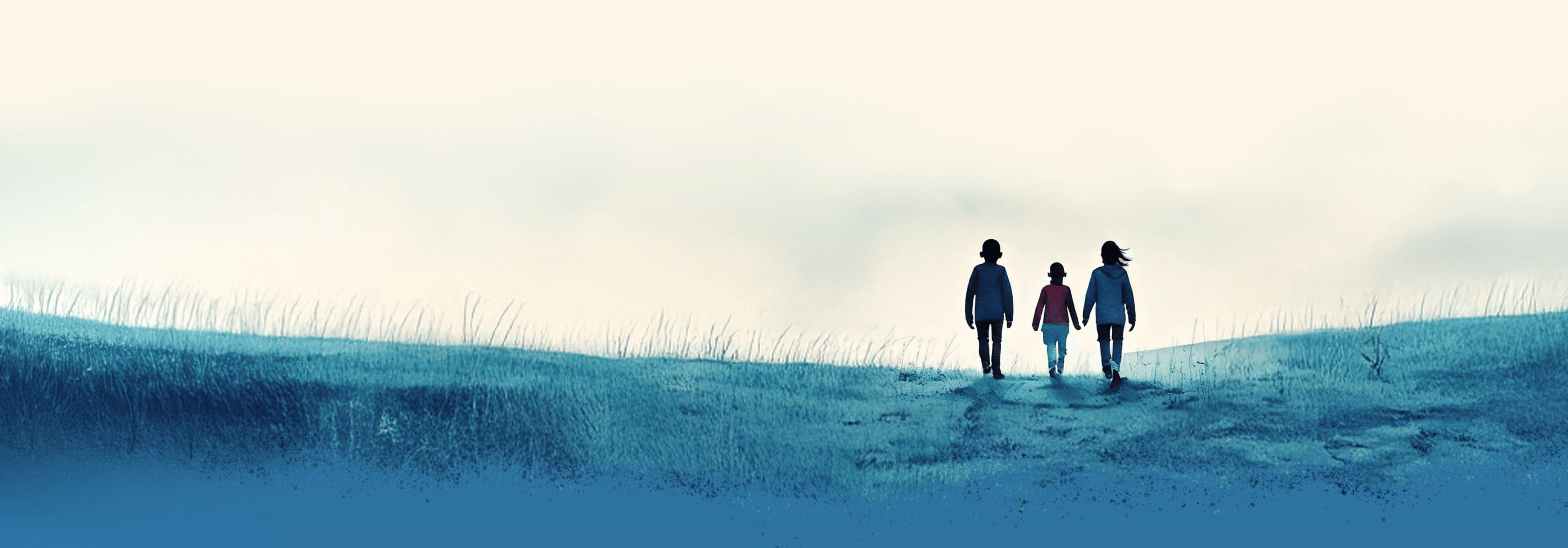 Illustration of three children silloetted against the sky, walking up a hill.