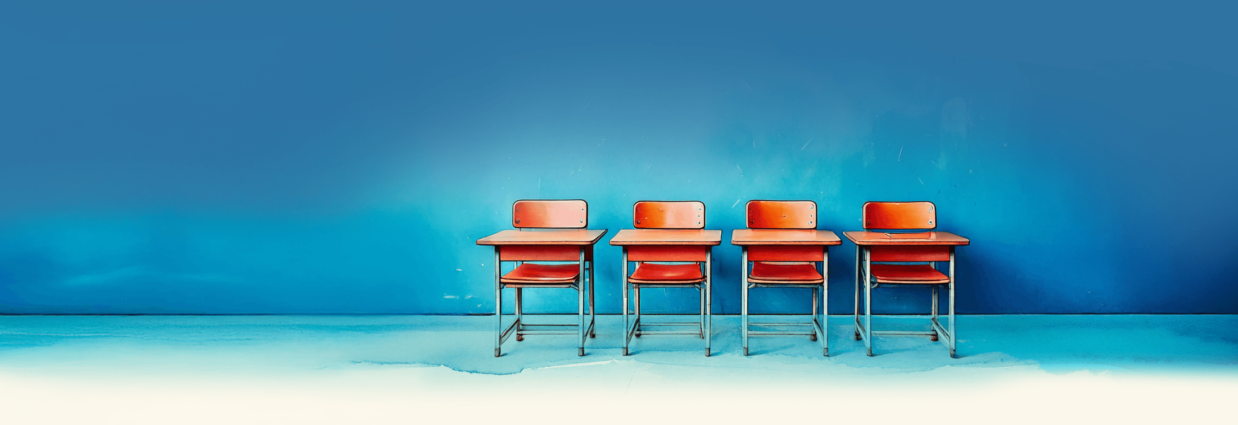 A watercolor style illustration of four empty school desks.